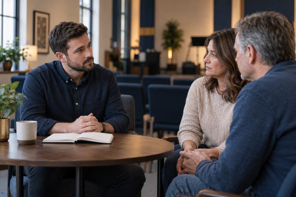 A pastor listens carefully during a difficult conversation with a church couple